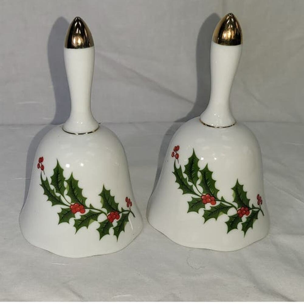 Vintage Ceramic Christmas Bells Holly Gold Trim Made in Japan Set of 2